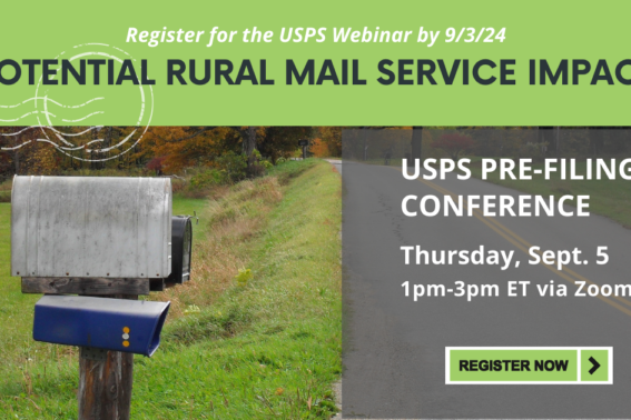 Image of mailbox on rural road with headline Potential Rural Mail Service Impacts