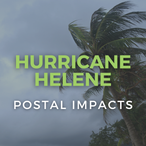 Hurricane Helene impacts on postal services illustrated with palm trees and stormy skies, highlighting challenges for nonprofit direct mail production.