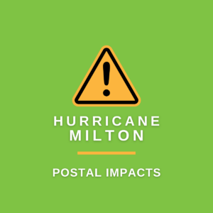 Warning graphic about Hurricane Milton highlighting postal impacts, designed for a nonprofit's outreach efforts related to disaster response and communication.