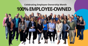 "Group photo celebrating Employee Ownership Month, showcasing a diverse team united in promoting 100% employee-owned businesses and fostering community spirit."