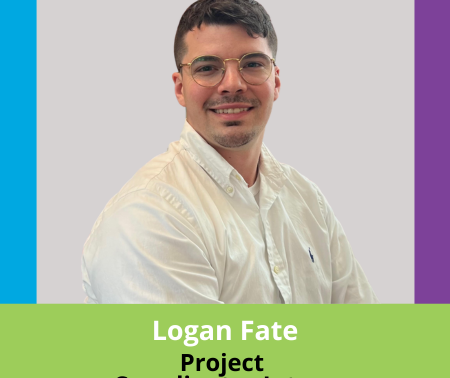 Portrait of Logan Fate, Project Coordinator Intern at PMG, smiling and wearing a white shirt, against a colorful background.