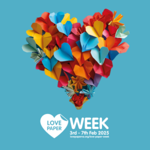 Colorful paper hearts and flowers form a vibrant heart shape, promoting Love Paper Week from February 3-7, 2025. Celebrate creativity!