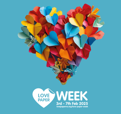 Colorful paper hearts and flowers form a vibrant heart shape, promoting Love Paper Week from February 3-7, 2025. Celebrate creativity!