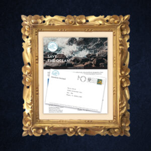 Blog_directmail2.jpg: A framed Save the Ocean direct mail piece, including an envelope with an address, suggesting a call to action for environmental support.