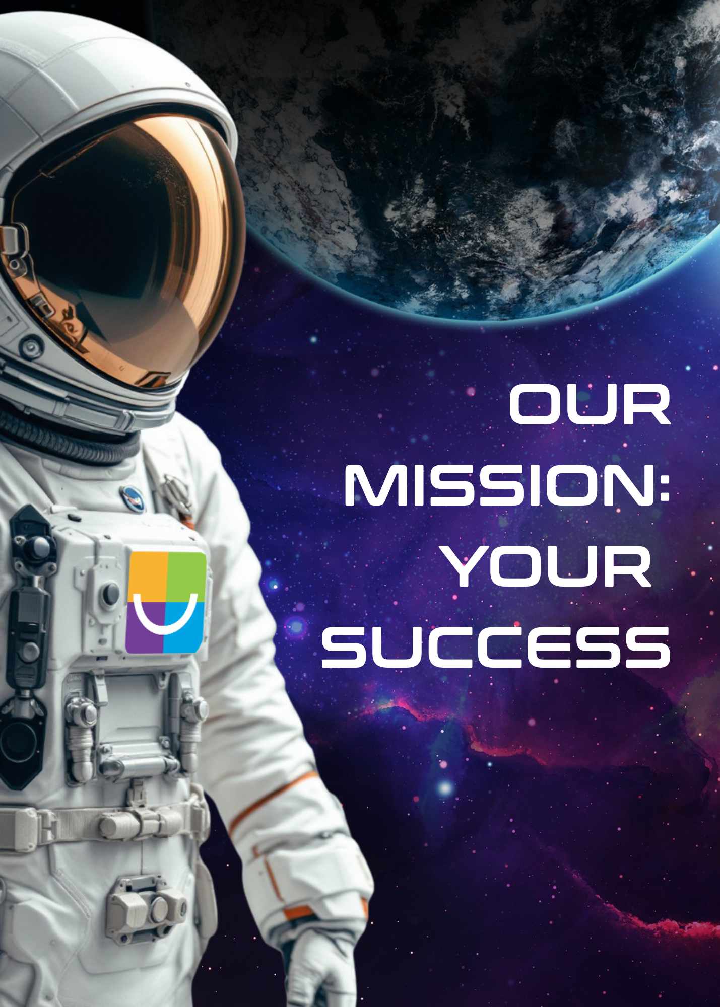 pmg web form image Astronaut in space, Our Mission: Your Success - website image for web form, with dark blue and purple background.