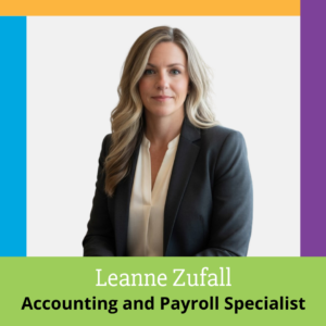 Professional headshot of Leanne Zufall on PMG branded frame in company colors.