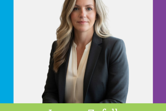 Professional headshot of Leanne Zufall on PMG branded frame in company colors.